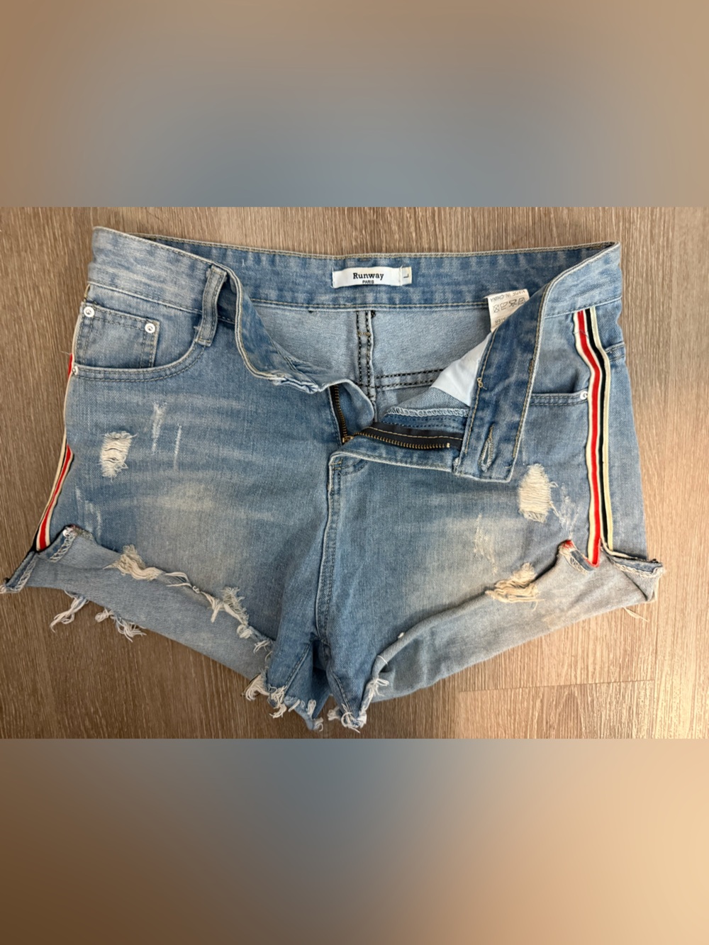 Runway Paris | Distressed Light Wash Denim Shorts with Side Stripe